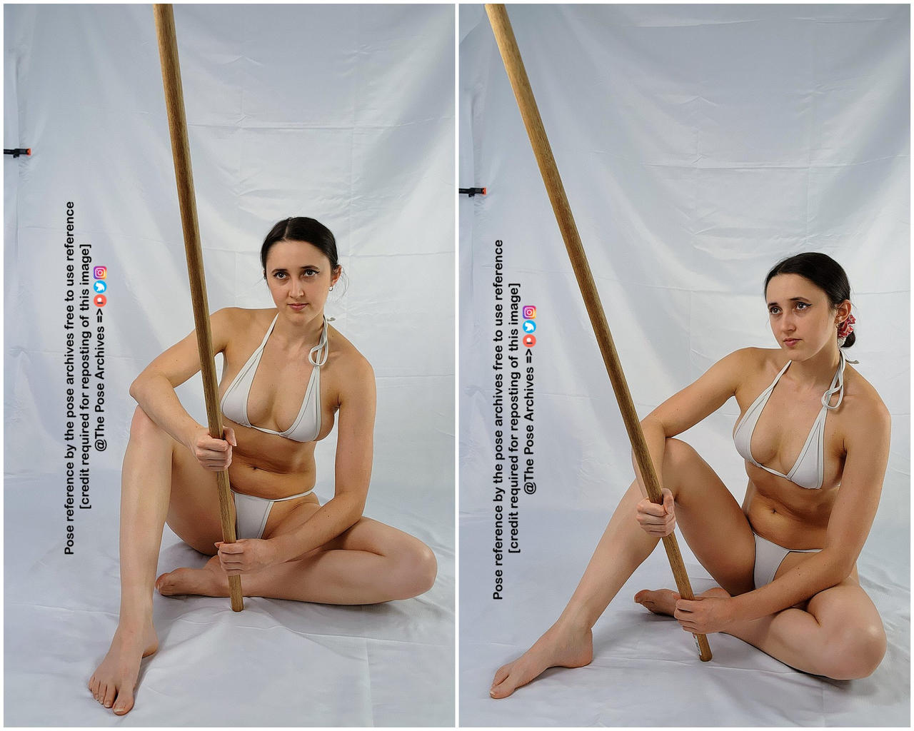 the image shows a woman in a white bikini posing with a wooden staff in a studio setting. the image is split into two parts, showcasing the same pose from slightly different angles. the woman is seated on a white background, and the image appears to be a pose reference for artists.