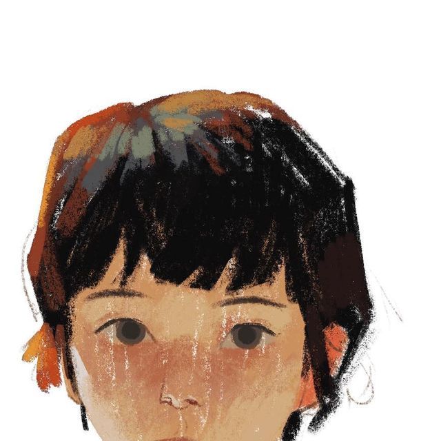 an illustration of a young girl with short black hair, her eyes are sad and her lips are slightly parted. she appears to be thoughtful or lonely. the drawing is done in a digital style.