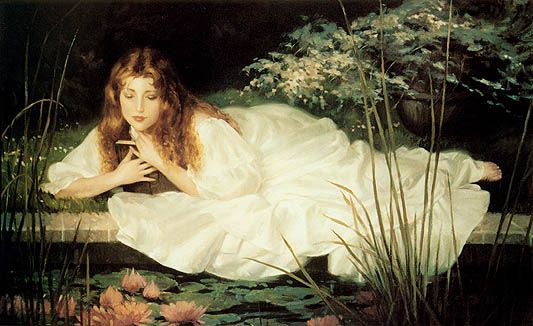 a painting of a young woman in a white dress sitting on a bank beside a pond. she has long, flowing hair and is leaning forward, looking down at the water. she appears to be very peaceful and serene. there are water lilies and other aquatic plants in the water, as well as tall reeds growing along the bank. the painting is romantic and dreamy.