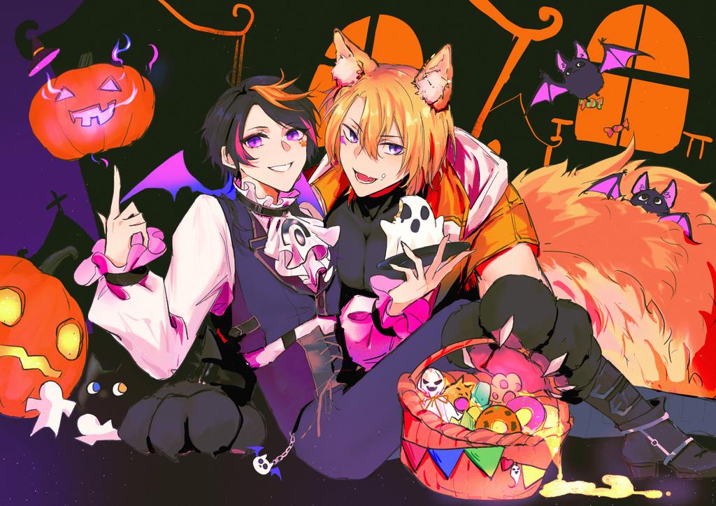 an anime illustration of two boys dressed in halloween costumes. the boy on the left is a vampire with a purple and black outfit, and the boy on the right is a fox with a yellow and black outfit. they are holding a basket of candy and a ghost. they are standing in front of a house with a pumpkin in the window. there are bats flying around them. the image has a very cute and spooky aesthetic.