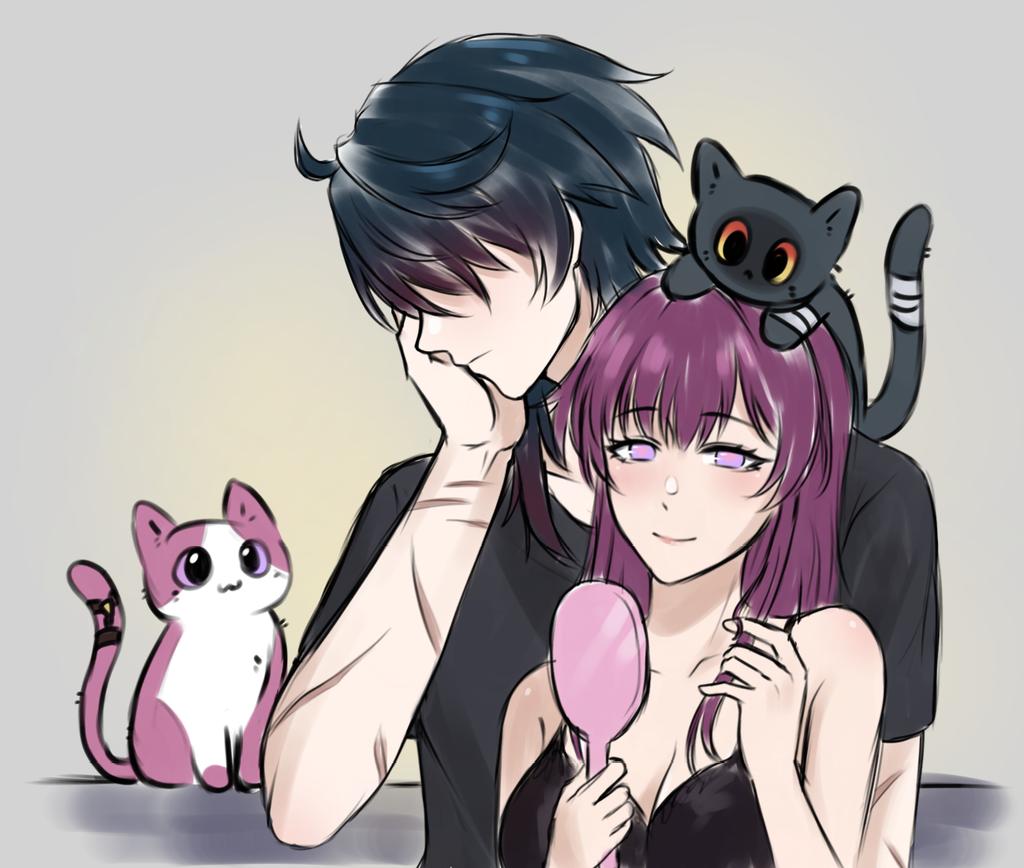 the image features an anime couple. the male character is in a black tshirt with black hair and a white streak. the female character has long purple hair and is wearing a black bra. they are looking at each other and smiling. they have a black cat sitting on the male character's head and a pink cat sitting on the floor beside them. the image is set against a simple gray background. the artwork has a romantic and cute feel to it.