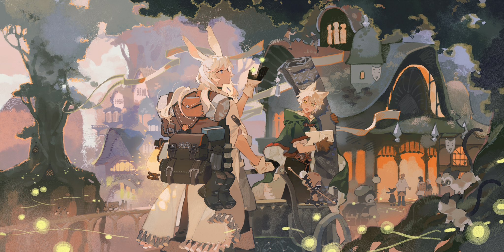 the image shows a digital painting of two characters, a woman and a man, standing on a path in a whimsical village at sunset. the woman, on the left, has long white hair with rabbit ears and wears a white dress and a backpack. she is holding a small object in her right hand. the man, on the right, has blonde hair and wears a green hooded cloak and carries a staff. he is looking at something in his hand.  they are surrounded by warm, glowing lights, possibly from fireflies, which illuminate the path and the surrounding buildings. buildings with whimsical and organic architecture line the path. the overall atmosphere is magical and enchanting, suggesting the start of an adventure.