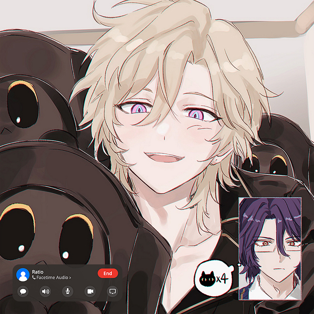 he image is a digital illustration featuring two anime boys. the main focus is on a blondehaired boy with purple eyes, who is smiling gently and seemingly on a video call with another anime boy. the blonde boy is wearing dark clothing with what appears to be catearlike details.  the other boy on the video call has purple hair, glasses and a more serious expression.  in the corner is a small icon that resembles a cat's face. the background is blurred but suggests an indoor setting. the overall style is soft and slightly hazy.  a facetimelike interface is visible at the bottom of the image.