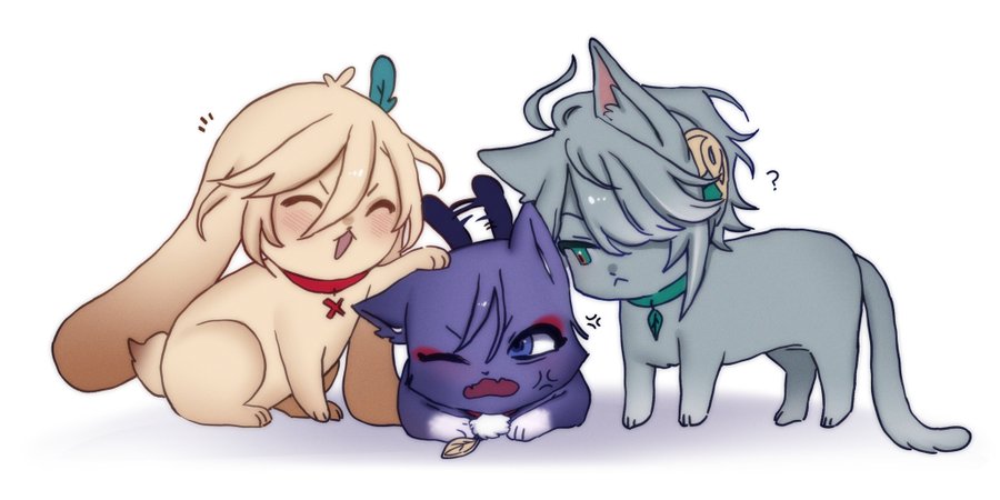 a digital illustration of three anime characters. the first character is a blonde bunny with a red collar, she is smiling and holding a purple cat. the second character is a grey cat with silver hair and a green collar, looking at the purple cat. the third character is a purple cat with white fur and a red blush. the grey cat is looking at the purple cat and the purple cat is glaring at the grey cat. the three characters are standing on a white background.