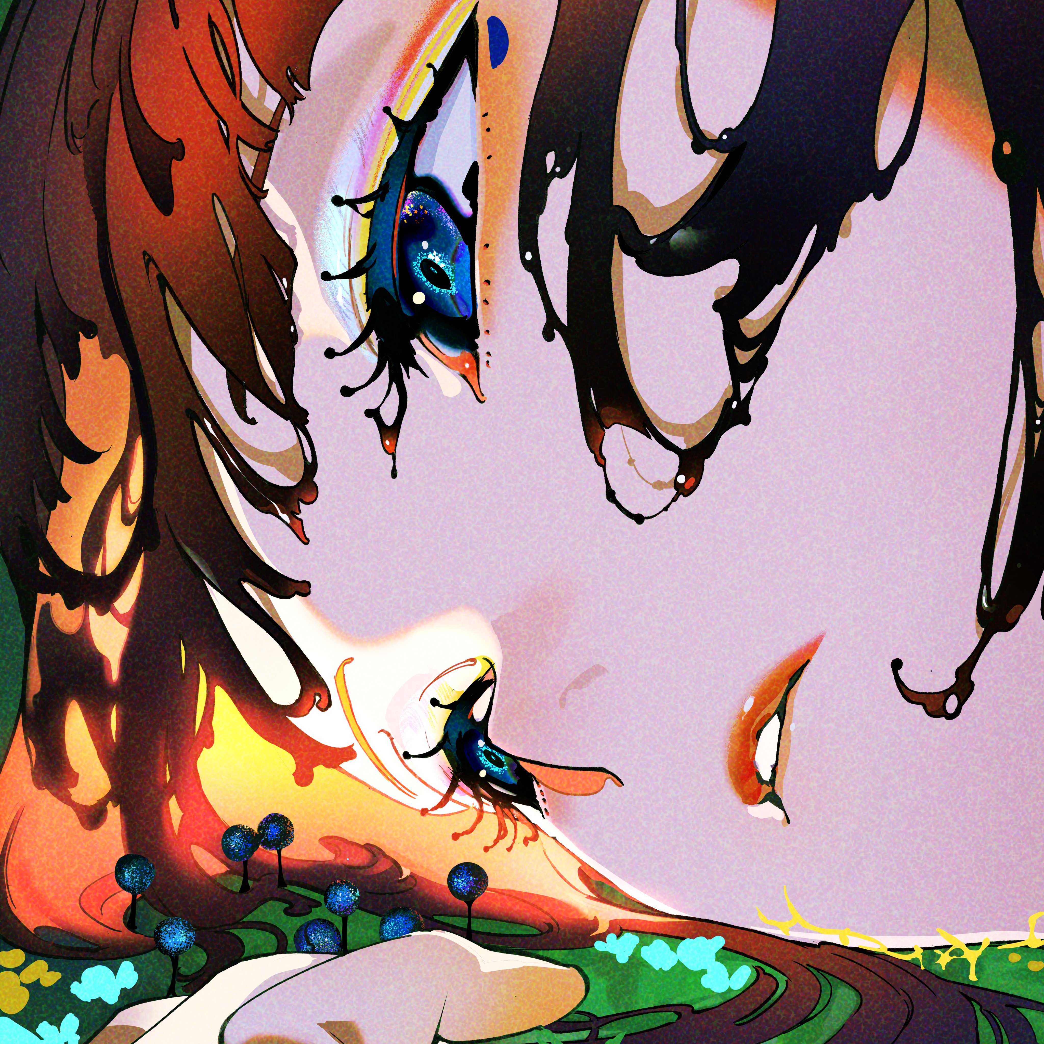 a closeup, stylized illustration of a girl or woman. her face is turned to the side, with only one eye fully visible. the style is abstract and expressive, with flowing lines and vibrant colors. the girl appears to be lying down, surrounded by small blue and white flowers. her hair is a cascade of warm colors, while her skin tones are rendered in a palette of pinks and creams. the overall effect is dreamlike and evocative.