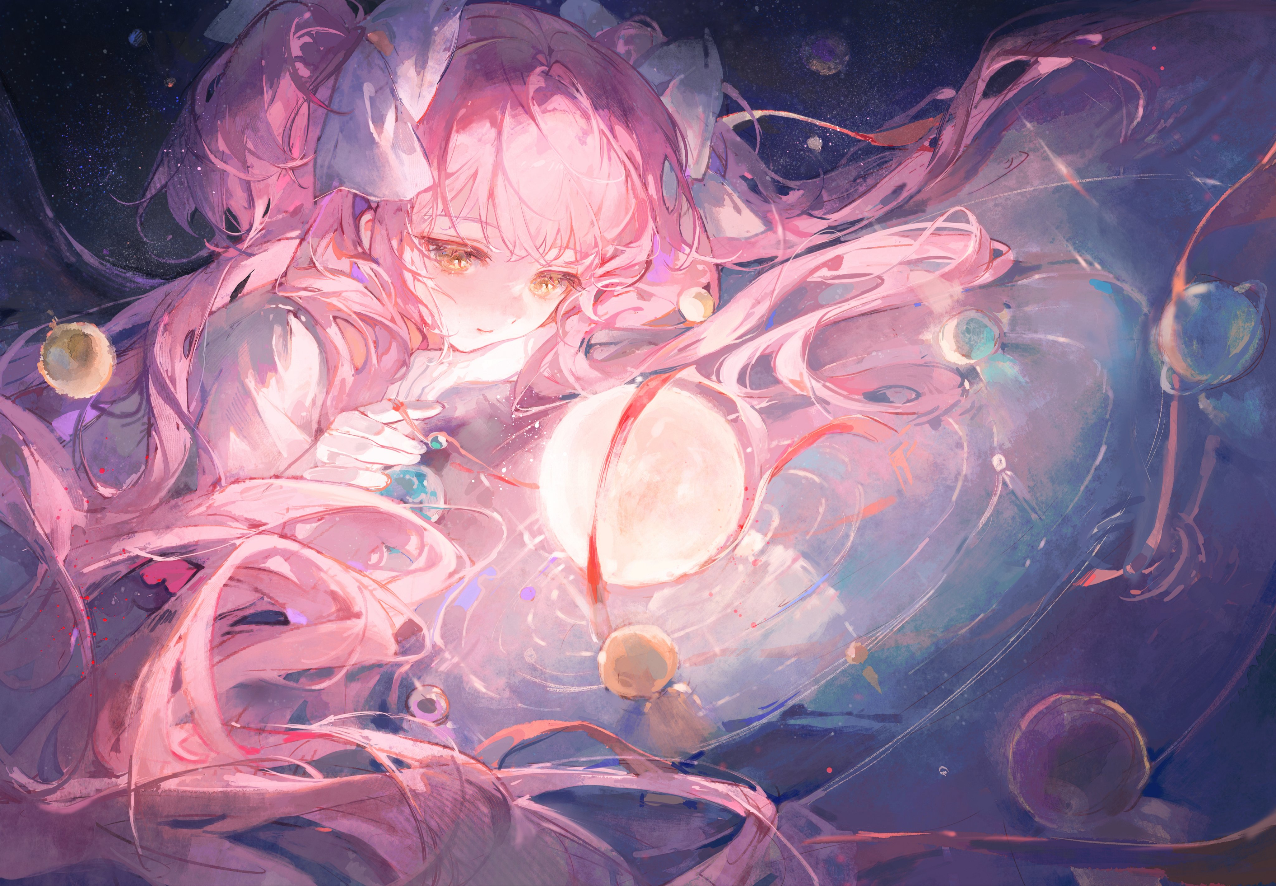 the image is a digital painting of a young anime girl with long, flowing pink hair adorned with large white ribbons or bows.  she has light skin and golden eyes.  she appears to be interacting with or cradling a miniature solar system, a miniature sun, planets and stars swirling around her, her hair seemingly blending with the cosmic scene. the overall style is soft, dreamy, and ethereal, using pastel and vibrant colors to create a magical and whimsical atmosphere. the art is highly detailed, showing a blend of realism and stylized anime features.
