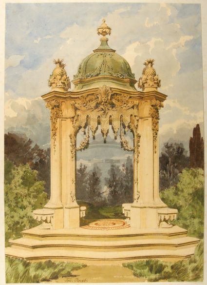 a watercolor painting depicts an ornate, domed structure in a garden setting. the structure is supported by columns and features intricate architectural details. the background includes trees and a sky with soft clouds. the painting style is reminiscent of an architectural rendering.
