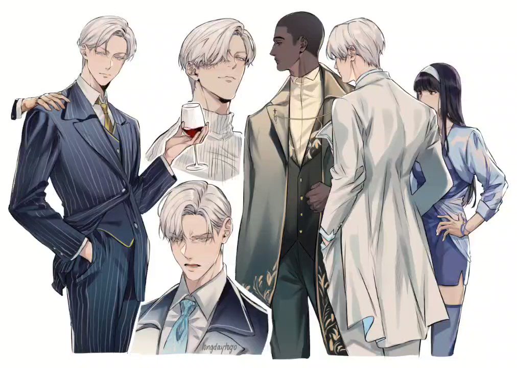 the image is a digital illustration showcasing a group of stylishly dressed animestyle characters.  there are four men and one woman.  the men primarily feature variations of a short, silver or white hairstyle and are dressed in suits and coats, demonstrating different styles of formal and semiformal attire.  the woman has black hair and is wearing a more casual, yet still fashionable, dress. the art style is refined and detailed, with attention paid to clothing texture and character expressions. the color palette leans towards muted tones of grey, blue, and white, creating an elegant atmosphere.  one of the men has dark skin, showing diversity in the character depiction. the overall impression is one of sophistication and character study.