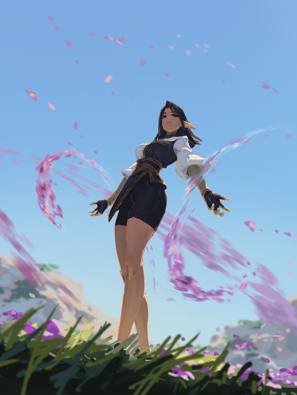 the image is a digital painting depicting a female elflike character with dark hair and pointed ears, dressed in a darkcolored, shortsleeved tunic and shorts. she is standing in a field of purple flowers under a bright blue sky.  purple petals and a swirling, ethereal purple energy stream flows out from her outstretched hands.  the perspective is a lowangle shot, looking up at the character, emphasizing her height and the effect of her magic. the style is reminiscent of fantasy art or concept art for a video game. the overall mood is peaceful yet magical, with a strong sense of fantasy and wonder.