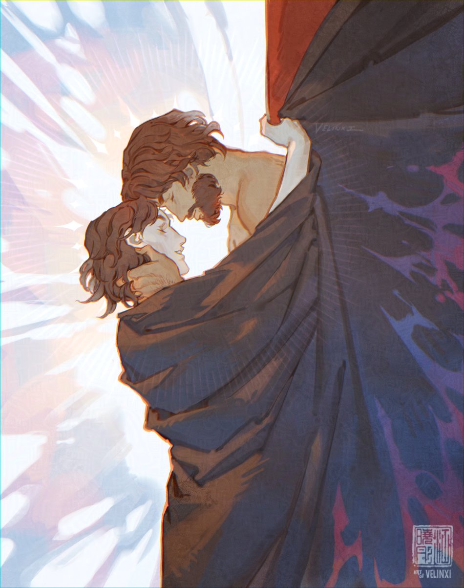 an illustration of two men embracing, one darkerskinned and bearded, the other lighterskinned, partially draped in a dark robe. the background features bright light behind them on one side and a pattern of dark colors on the other.