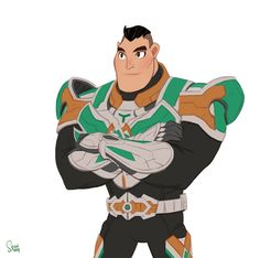 a cartoon drawing of a muscular man in green, white, and gold armor with his arms crossed. he has a confident smirk. the art style is cartoonish, and the background is white.