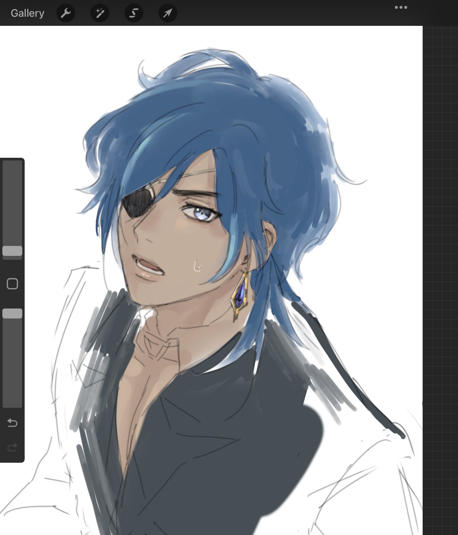 this is an unfinished digital sketch of a handsome man with blue hair and an eyepatch. he is wearing an earring and a black shirt. the style is reminiscent of anime and manga.