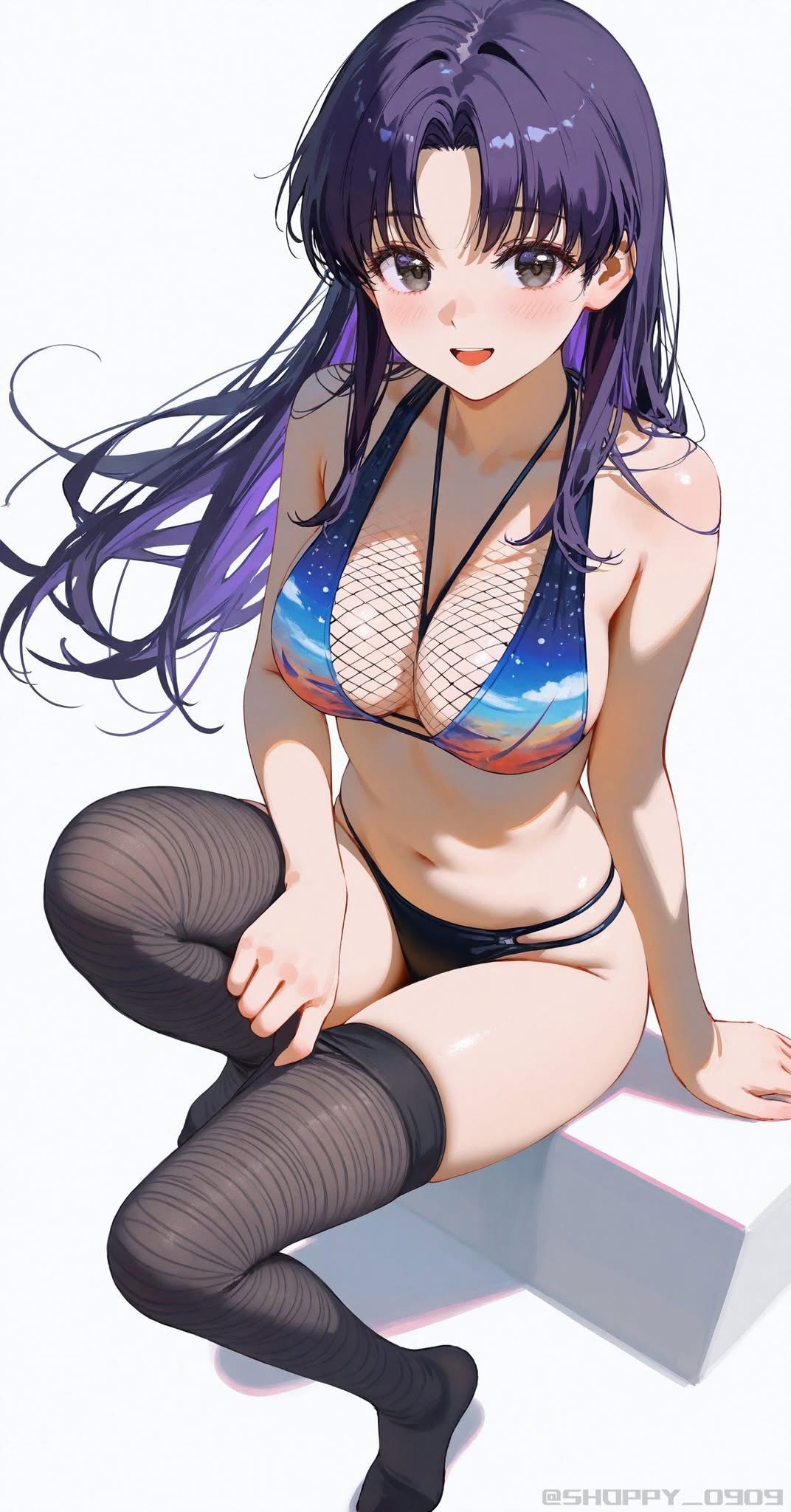 a fullbody animestyle illustration of a woman with purple hair wearing a bikini top with a sky and cloud design and black fishnet over it, and black thighhigh stockings. she is sitting on a white cube.