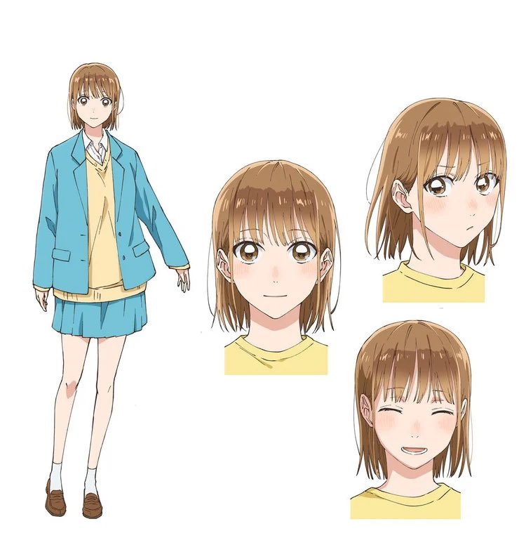 this image is a character design sheet for an anime girl. it showcases her full body, along with closeup headshots displaying different expressions: a neutral, happy, and slightly annoyed expression.  each expression is depicted from both a front and side profile view. she's dressed in a light blue blazer, yellow sweater, and a teal pleated skirt, with the overall style suggesting a school uniform or casual school attire. the style is clean and detailed, typical of anime character sheets.