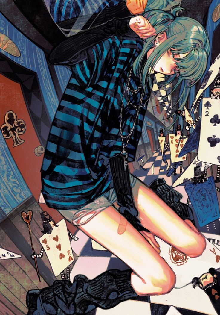 the image is a vibrant and surreal artwork depicting an animestyle girl with teal hair. she's wearing a teal and black striped shirt, black gloves, and short shorts.  her attire is complemented by dark socks and kneehigh black boots. she is seated amidst a chaotic scene featuring numerous playing cards reminiscent of alice in wonderland. the overall style is dark, whimsical, and fantastical, suggesting an alternative or gothic aesthetic. the girl's expression is subdued, and her posture is somewhat slumped, adding to the overall air of mystery. the scene’s bright colors contrast with the darker tone and slightly gloomy ambiance.  she wears a key necklace.  part of her leg is bandaged.