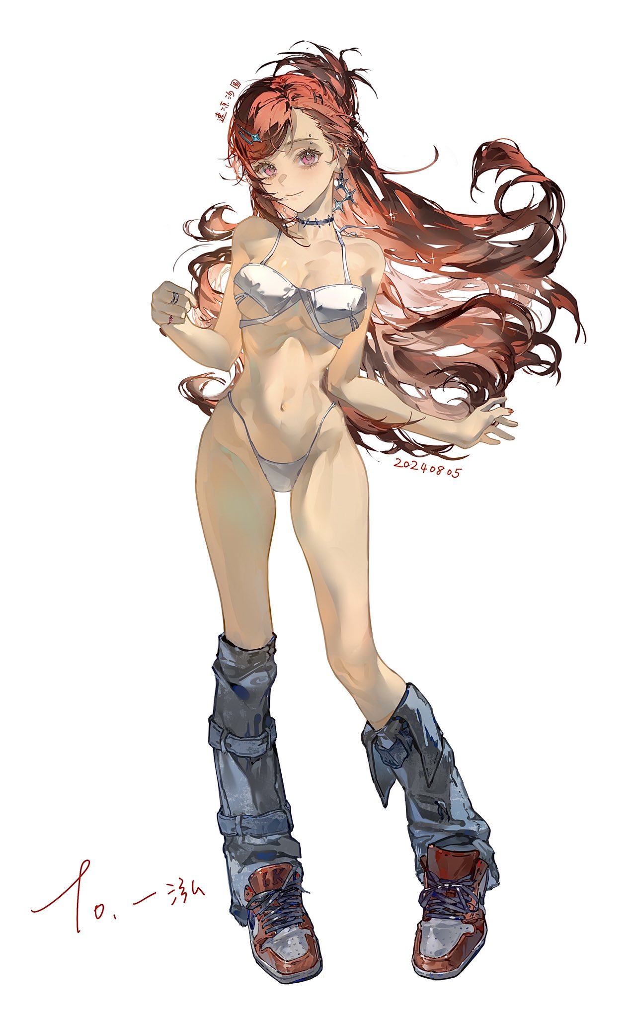 the image is a digital illustration of a stylized anime girl. she has long, flowing red hair, and is wearing a white bikini top and bottom, paired with denim hightop sneakers and matching denim leg warmers or high socks. her pose is confident and slightly playful, and her expression is cheerful. the art style is vibrant and painterly, with loose brushstrokes giving a dynamic feel.  various japanese text markings are present on the image, likely artist signatures or date stamps.  the background is pure white, focusing all attention on the character.