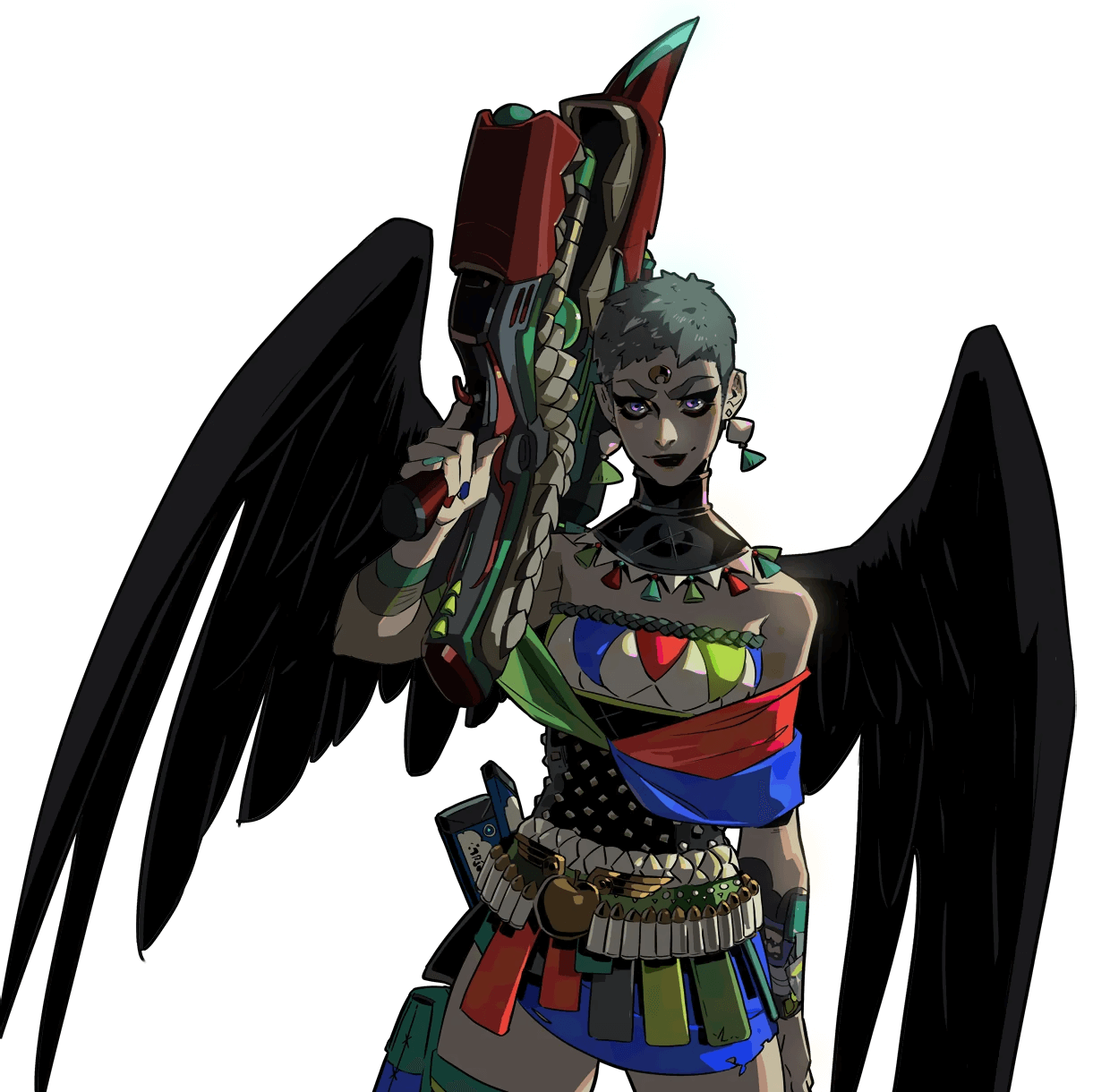 a digital art illustration of a female warrior with large black angel wings and a futuristic weapon. she is wearing a colorful outfit and has a serious expression. the background is white.