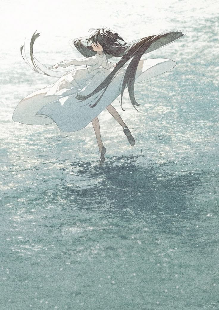 an animestyle illustration depicts a girl with long, dark hair wearing a white dress. she appears to be dancing barefoot in shallow water at a beach or shoreline. the water is sparkling with light, and the overall impression is ethereal and dreamlike.