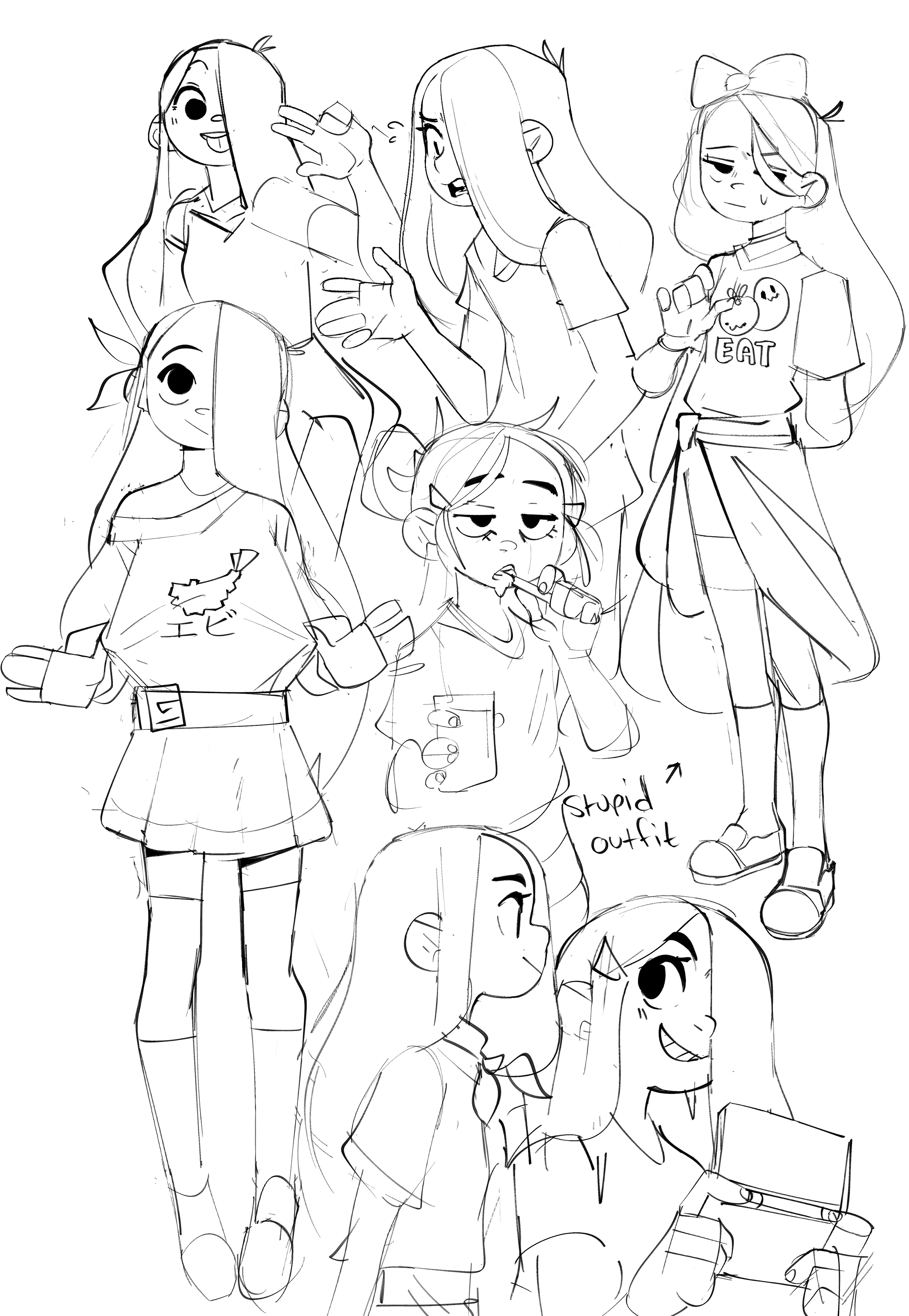 this is a sketch of a group of young girls drawn in a simple style. they are all wearing different outfits and have different expressions on their faces. some of them are smiling, while others have a more serious expression. the girls appear to be friends and are standing close to each other.