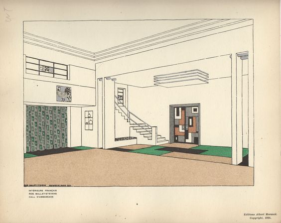 this is a drawing of a modern home interior. the image shows a hallway with a grand staircase leading up to a second level landing with a balcony looking down at the first level. the hallway has a modern and geometric design with a patterned carpet, geometrically patterned door and columns. the walls are white and the ceiling is also white.  a decorative piece of art is on the wall to the left.