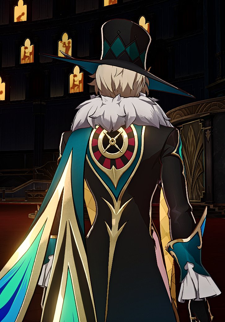 this is a digital illustration of a male character from the game genshin impact, scaramouche. the character is standing with their back to the viewer, wearing a blue, green and gold suit with a cape. the character is also wearing a hat and has a casino roulette on their back. the character is in a dark room with a red carpet and a dark wall.
