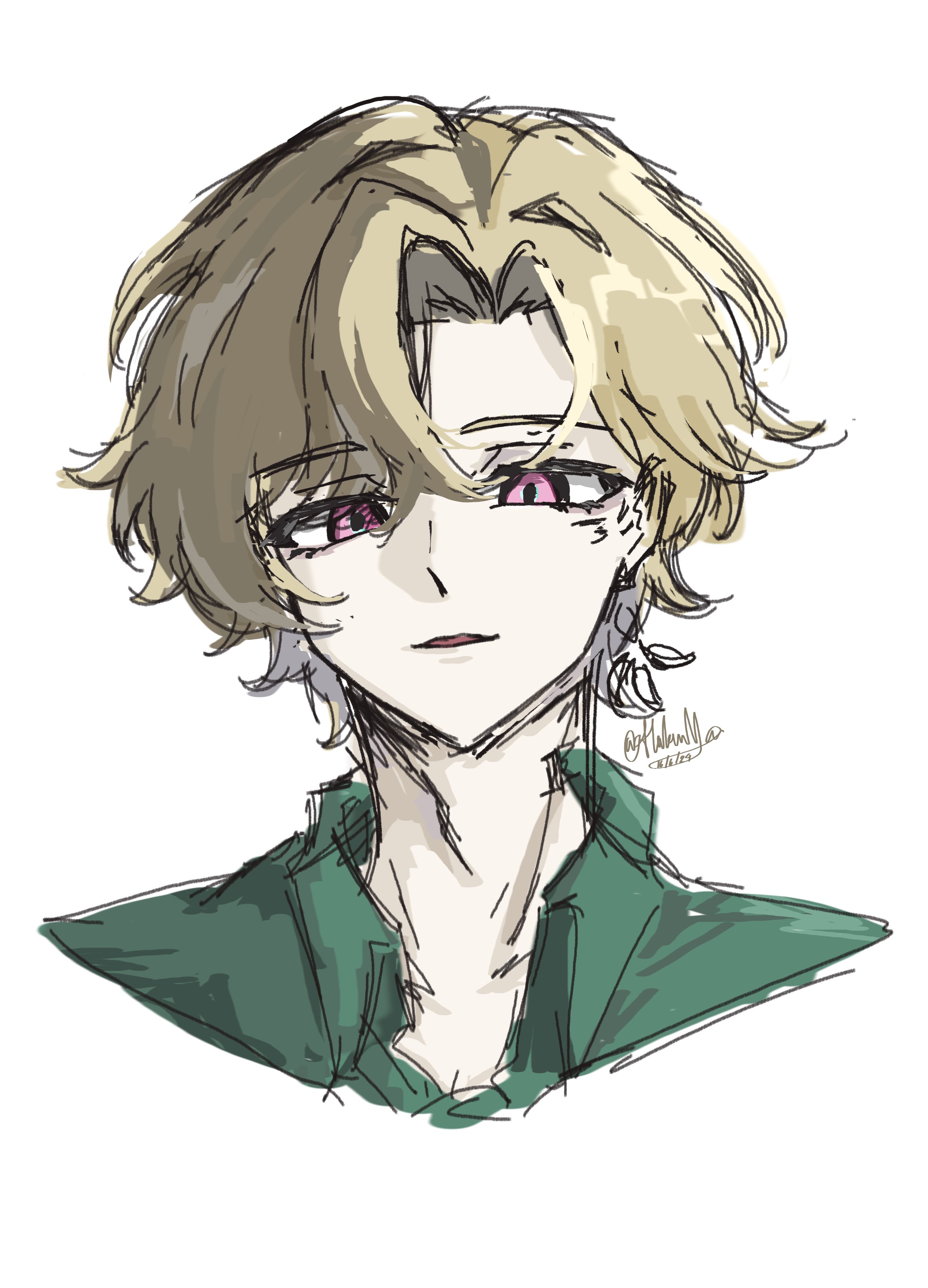 a digital sketch of an anime male character with blond hair, pink eyes, wearing a green jacket with a collar. the drawing is done in a sketchy style and has a soft, dreamy feel.