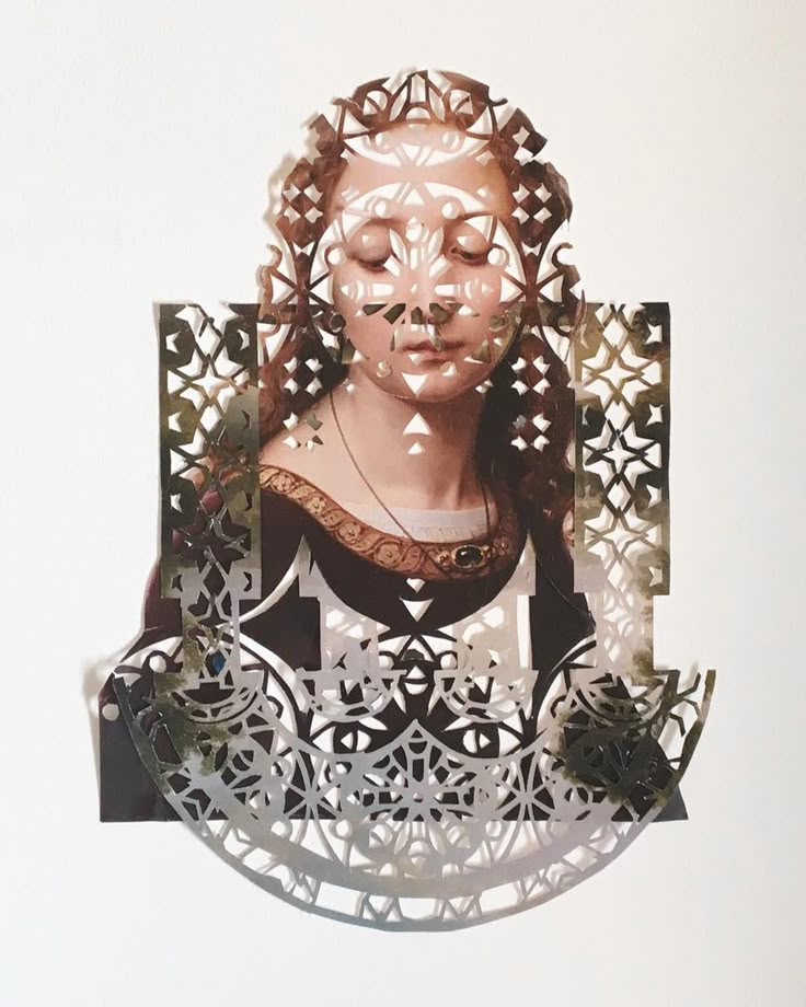 the image showcases a unique artwork featuring a renaissancestyle portrait of a woman, seemingly crafted through paper cutting. intricate patterns are meticulously cut into the paper, overlaying the image and creating a play of light and shadow on the woman's face and attire. the decorative elements add depth and texture to the piece, while the shadows cast by the artwork further enhance its visual appeal. the woman is wearing a dress and a necklace.