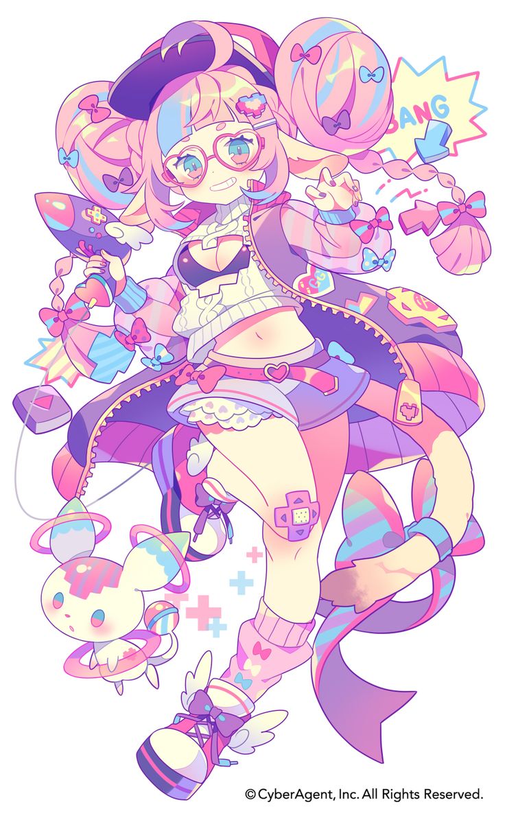 a cute anime girl with pink hair in a pink outfit, standing with a pink ribbon and a weapon in her hand. she has a big smile on her face.  there is a white cartoon animal with pink and blue rings around it, and a purple ribbon and pink heart pattern on the background.