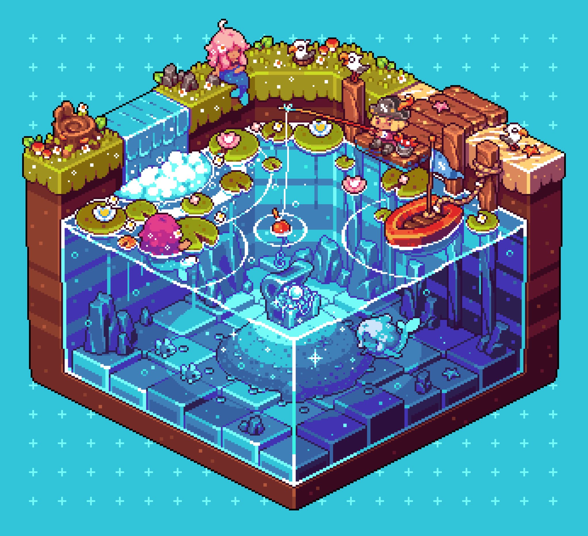 isometric pixel art diorama of a pond with both above and underwater views. features include a pinkhaired girl sitting by a waterfall, a pirate fishing from a wooden dock, a small boat with a blue flag, lily pads, seagulls, mushrooms, underwater rocks, a treasure chest, and a fish.