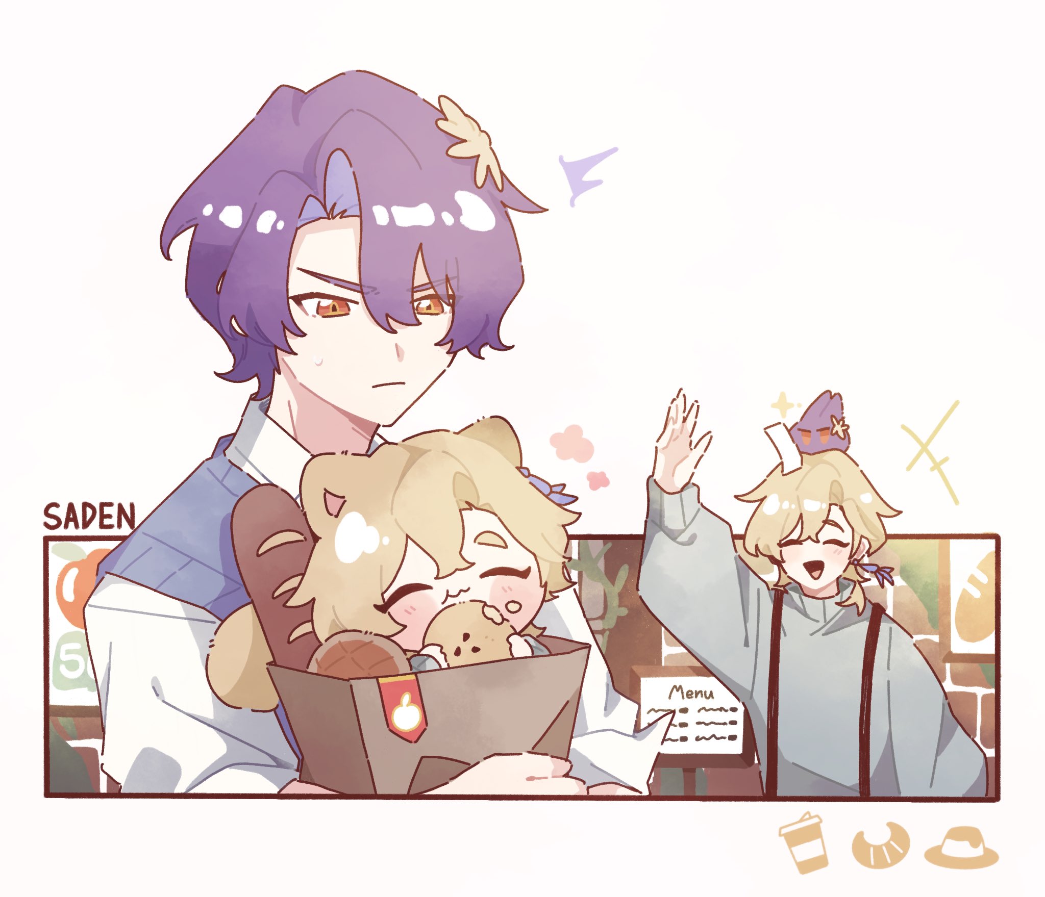 the image is a piece of fanart, likely inspired by an anime or manga style.  it features three chibistyle characters. the central figures are two boys. one has purple hair and is slightly taller, appearing older, holding a bag of baked goods that a smaller blondehaired boy is nestled in. the blondehaired boy is clutching a pastry. in the background, a third character with blonde hair and a small birdlike creature on their head waves. the setting appears to be a bakery or cafe, as indicated by the menu board and the visible baked goods. the overall style is soft, cute, and friendly. the image has a warm color palette and a slightly hazy, dreamlike quality.