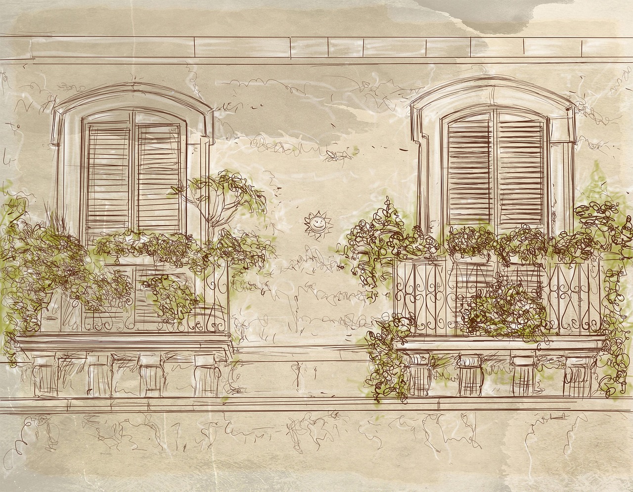 an architectural sketch depicts a building facade featuring two arched windows with closed shutters. each window has a wrought iron balcony overflowing with plants and flower boxes. the drawing is rendered in a vintage style, with a faded, aged look and detailed linework, including a small, cartoonish sun.