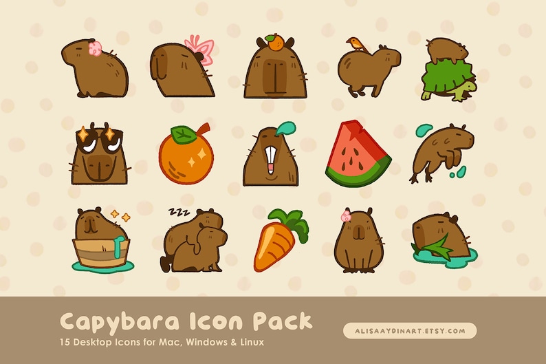 the image is a collection of 15 cute cartoon capybara icons for desktops (mac, windows, and linux), as part of a "capybara icon pack" from alisaaydinart.etsy.com. the capybaras are depicted in various scenarios and with different items, including wearing sunglasses, sitting in a tub, sleeping, with an orange, a watermelon, a carrot, on a turtle, with a bird, with a flower, and in water.