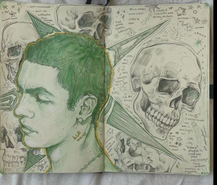 the image showcases a doublepage spread from an art journal or sketchbook.  the artwork is a mixedmedia piece featuring a detailed pencil sketch of a young person's head, rendered in shades of green, prominently positioned on the left page.  this portrait is surrounded and overlaid with several smaller sketches of skulls in various positions and perspectives, created with pencil and incorporating both realism and more abstract, fragmented renderings. geometric shapes, particularly triangles, radiate from the central figure.  stars, and written notes and doodles, some seemingly personal or poetic, are scattered throughout the page. the overall style is expressive and blends realistic elements with more abstract and surreal artistic choices, creating a visually rich and somewhat dark or macabre aesthetic. the background suggests other sketches, writings, or elements are present on other pages in this sketchbook.