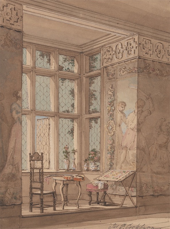 this is a watercolor painting of an elegant room interior. a large window with multiple panes dominates the scene, with a view of greenery outside. a chair and a small table with a violin and sheet music on it are positioned in front of the window. a stool and an embroidery stand are placed to the right. the walls are decorated with ornate moldings and a mural depicting figures. the overall style is refined and indicative of a wellappointed space.