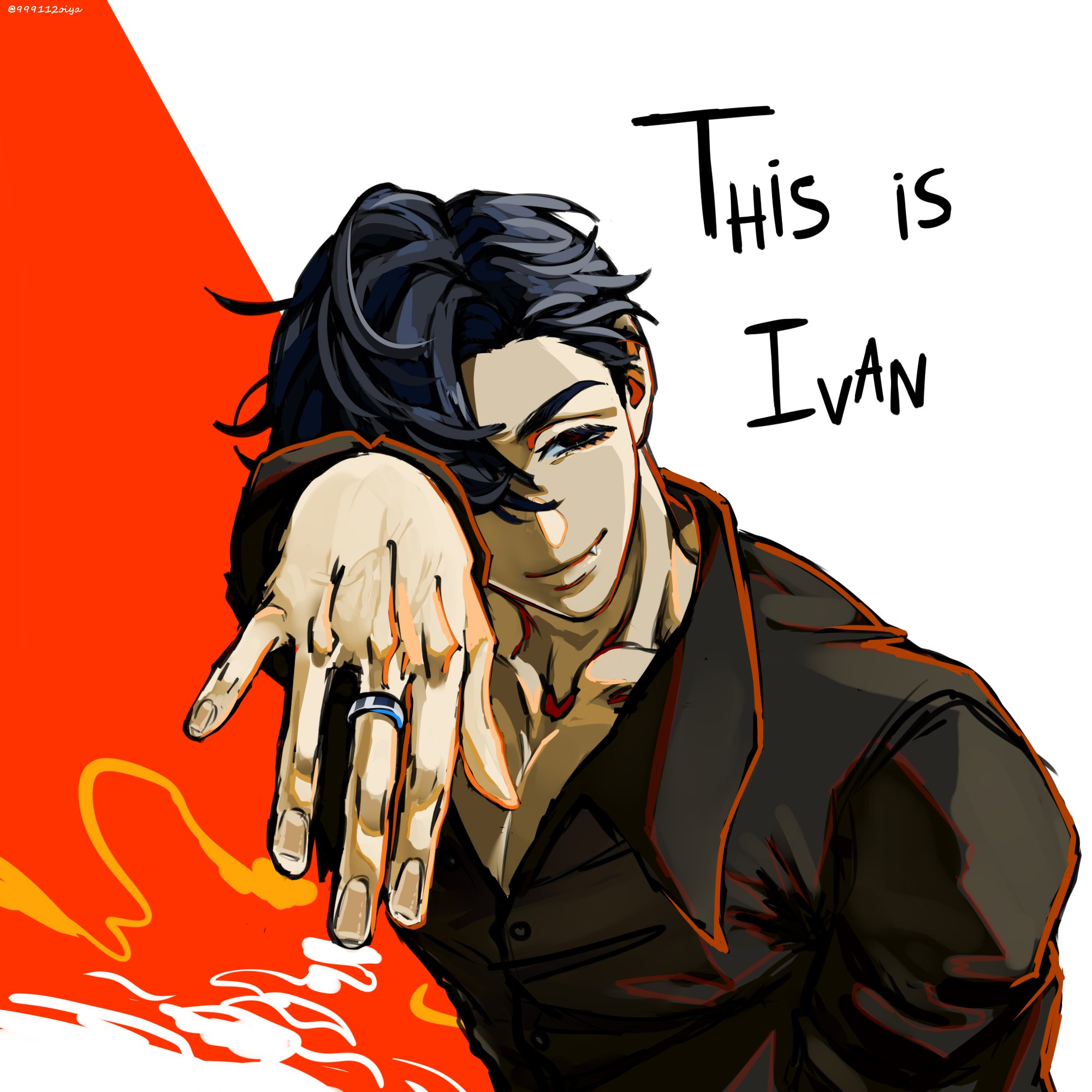 the image is a stylized digital drawing or painting of a young man named ivan. he is depicted in a dynamic pose, his hand partially covering his face, creating a sense of intrigue. he has dark, styled hair and is wearing a darkcolored, buttonup shirt or jacket. the background is a vibrant mix of red and white, with flamelike shapes suggesting energy or excitement.  text overlayed on the image clearly states "this is ivan," introducing the character. the overall style is reminiscent of anime or manga, with strong lines, expressive features, and a focus on dynamic character design. the artwork projects confidence and a slightly mysterious persona.