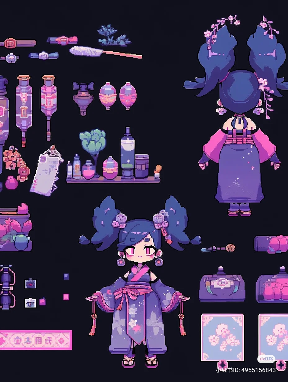 this is a concept design sheet for a female character with a japaneseinspired aesthetic. it's done in a pixel art style, possibly for a video game. the sheet showcases the character from the front and back, along with various props, clothing elements, and weapons. the character is wearing a purple kimono with floral patterns and has blue hair styled in twin tails. there are potions, scrolls, fans, lanterns, a treasure chest, and other items surrounding the character, suggesting a fantasy setting and potential gameplay elements.