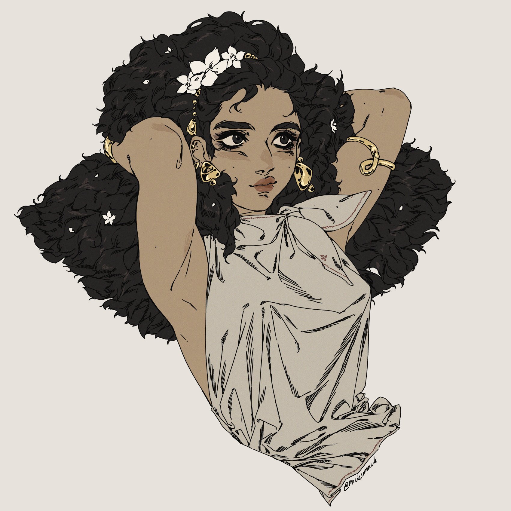 a digital drawing of a woman with black curly hair, adorned with white flowers. she is wearing a white dress and gold jewelry and has her hand behind her head, looking away thoughtfully.