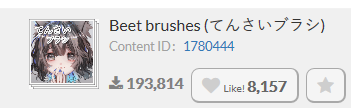 a digital illustration of a young anime girl with dark hair and a cute expression. she's wearing a white top and blue accessories. above the image is text about the artwork:  "beet brushes (てんさいブラシ) content id: 1780444" with download, like and star buttons below.  the image looks like a post from a website or social media platform.