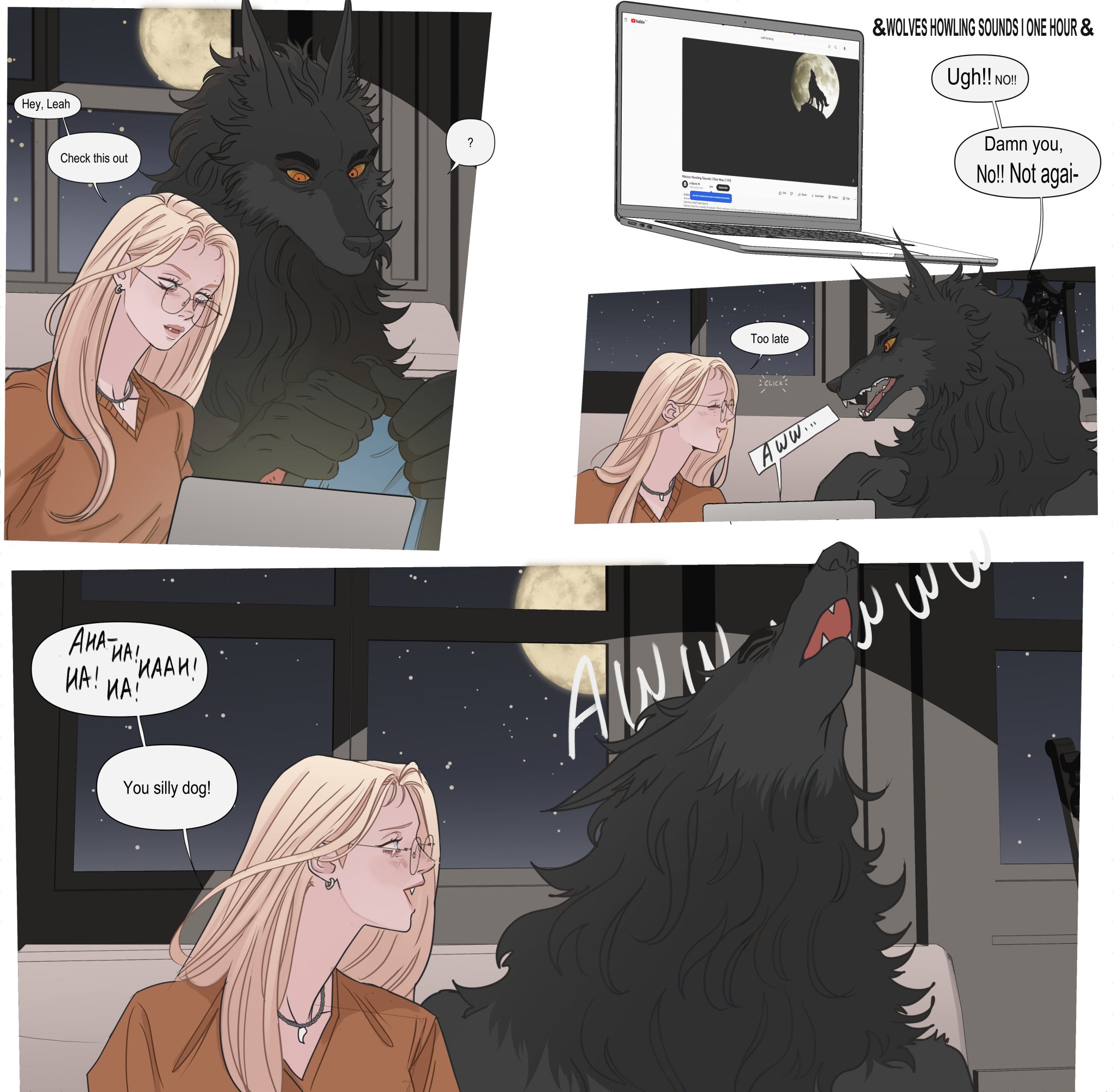 a threepanel comic strip showing a blonde woman and a werewolf. in the first panel, the werewolf shows the woman a video on a laptop. the video title suggests it's a recording of wolves howling. in the second panel, the werewolf is reacting negatively to the video, but it is too late, the woman says "aww...". the final panel shows the werewolf howling in front of a window with a full moon in the sky. the woman is laughing and says "you silly dog!".