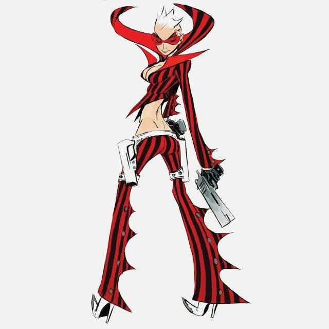 the image depicts a female anime character, with white hair and red eyes, wearing a red and black striped pantsuit and holding a gun in her right hand. she is standing with her legs slightly apart and her left arm raised, as if ready for action. the character's outfit is detailed, with a high collar, a belt, and unique patterns on the pants, emphasizing her confident and powerful posture. the background is white, providing a stark contrast to the character's vibrant red and black colors. the overall style is dynamic and energetic, capturing the character's bold and rebellious personality.