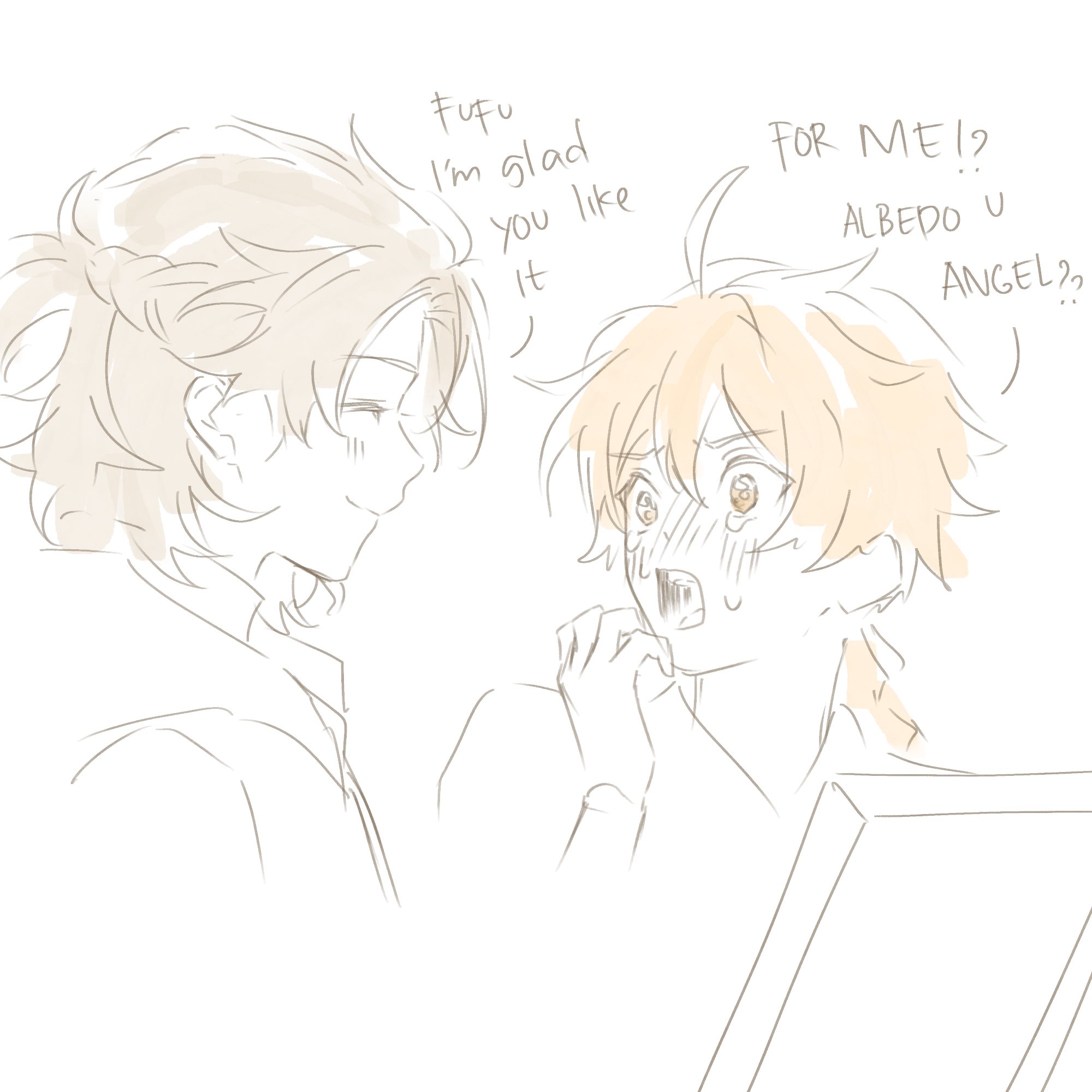 the image is a digital illustration of two anime boys. one boy is smiling and the other is blushing and smiling. they are standing close to each other, and the blushing boy is looking at the smiling boy. the boy is saying "tufu i'm glad you like it" while the other boy is saying "for me!? albedo u angel!?". the drawing style is soft and light, with a lot of detail in the facial expressions and hair. the boys appear to be friends or in a romantic relationship.  the image gives off a sense of happiness and affection.