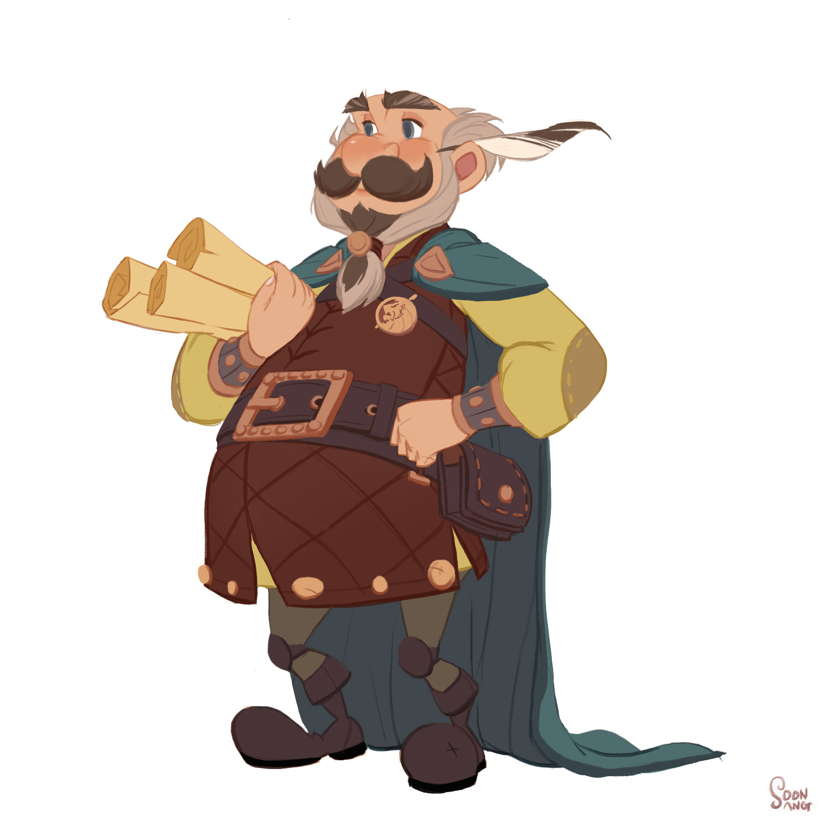 a cartoon drawing of a stout man with a large mustache, holding scrolls. he is wearing a blue cape, yellow tunic, and brown quilted jerkin. he has a feather in his hair and a satchel on his hip. the background is white.