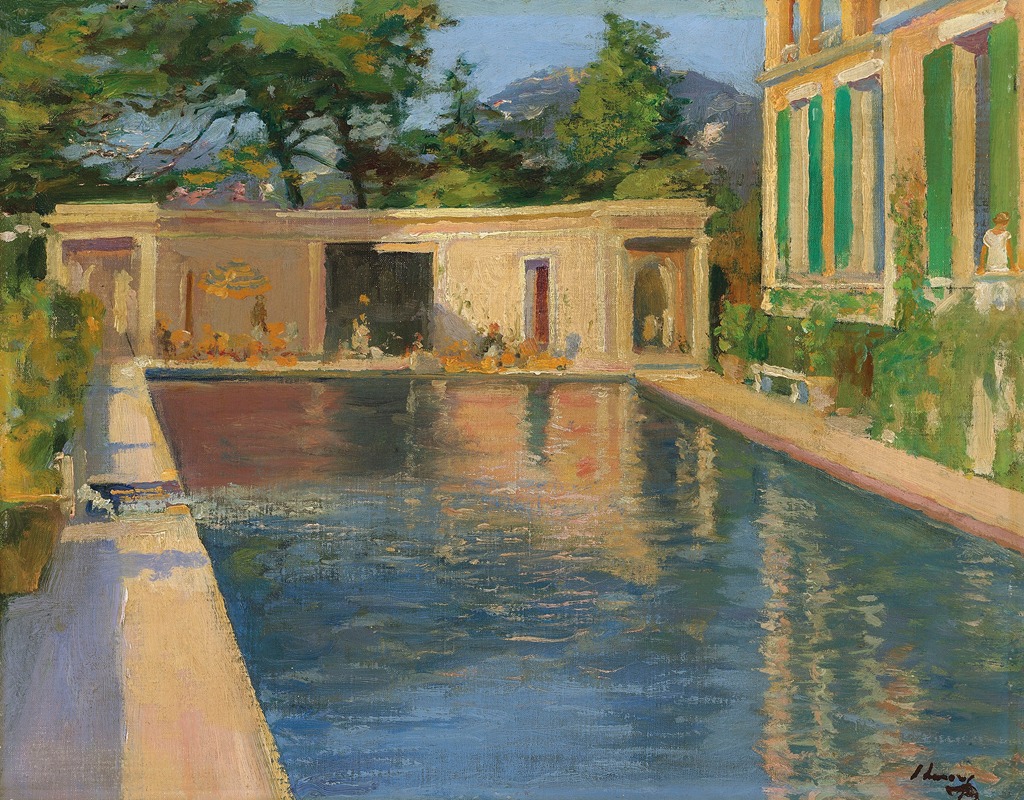 this is an impressionistic painting depicting a pool of water reflecting a building, trees, and figures. the painting is likely by maurice prendergast, given the style. the scene evokes a sense of summer and relaxation. the colors are vibrant, and the play of light and shadows creates visual interest.