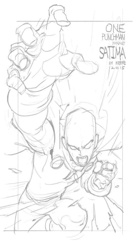this is a sketch of saitama from the popular manga and anime series one punch man. he is drawn in a dynamic pose, as if he is about to punch something. the sketch is in pencil and shows the lines and details of the drawing. the words "one punchman fanart", "saitama", "by ikrenz 2015" are written at the top of the page.