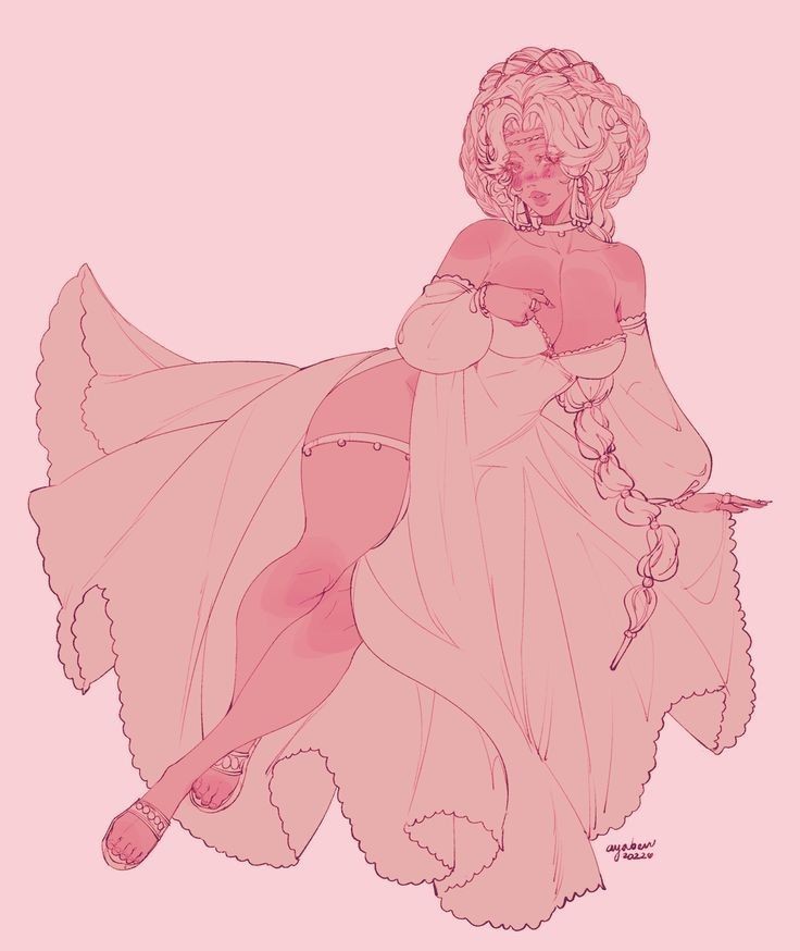 a line art drawing of a plussize woman with elaborate braids and jewelry posing in a flowing, offtheshoulder dress. the dress has a long, flowing skirt with ruffles and a cinched waist. the woman is standing with her legs crossed and her arms outstretched. the background is a solid pink color.
