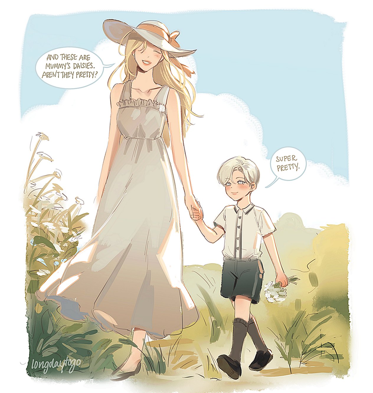 the image is a digital painting or illustration in an anime/manga style. it depicts a mother and her young son walking through a field of daisies. the mother is wearing a long, lightcolored dress and a widebrimmed hat. her son is dressed in a shortsleeved collared shirt and dark shorts, along with socks and shoes. they are holding hands, and the overall atmosphere of the image is gentle, peaceful, and happy. the colors are soft and pastel, and the style is reminiscent of children's book illustrations.  speech bubbles indicate the mother is pointing out the daisies and the son is commenting on their beauty. the artist's signature is visible in the bottom left corner.
