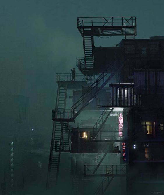the image showcases a dilapidated, multistory building against a backdrop of a fogladen city at night. the building features a network of external staircases and balconies. the most prominent feature is a faded neon sign that reads "amour hotel," its pink glow barely piercing the thick fog.  a lone figure stands on one of the upper balconies, silhouetted against the neon light, their back turned to the viewer. the city below is shrouded in fog, creating an air of mystery and solitude.