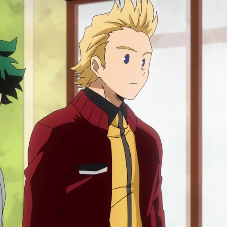 the image shows a young male anime character with blond hair and a serious expression. he is wearing a red jacket with a black collar and a yellow shirt underneath. he is standing and looking away from the viewer. the image is from the popular anime series my hero academia.