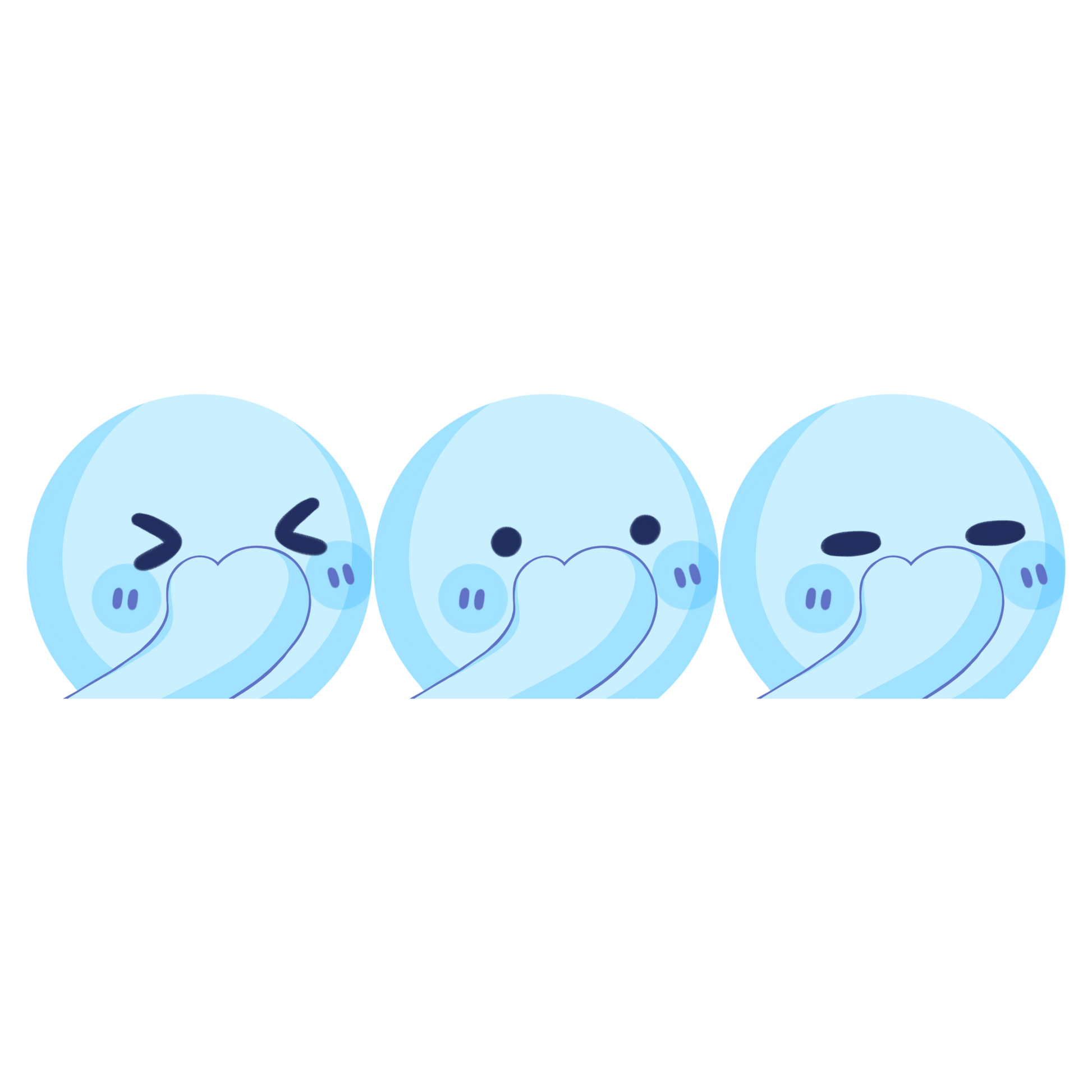 the image shows three cartoon faces, possibly emojis or emoticons.  they are light blue and round, with simple features and a pastel color palette. each face is covering its mouth with a hand or something resembling a hand in a shy or giggling manner.  the expressions vary slightly; one appears very happy and giggly, another is slightly less expressive, and the third has a more subdued expression. they are arranged horizontally in a row.  the style is cute and simplistic, reminiscent of kawaii art.