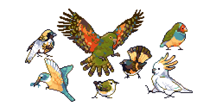 a pixel art illustration of seven birds. there is a gouldian finch on the top right, a sulphurcrested cockatoo on the bottom right, a parrot in the middle.